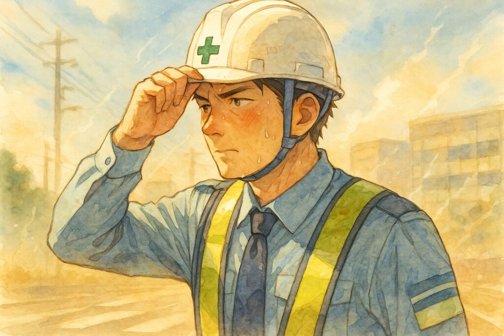 真夏の炎天下、ヘルメットの下で額の汗を拭いながらも、まっすぐに前を見据える警備員さん。背景には陽炎が揺れている。