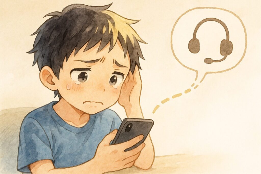 スマホを片手に「どうしよう…」と困り顔の大雅。彼の持つスマホから、点線の吹き出しが伸びて、ヘッドセットのアイコンに繋がっている。