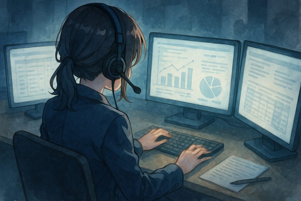 ヘッドセットをつけたオペレーターの後ろ姿。目の前の複数のモニターには情報がびっしり。高速でキーボードをタイピングするプロフェッショナルな姿。