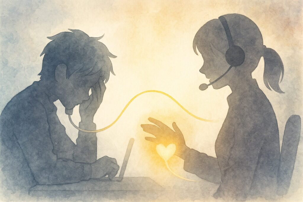 電話の向こうにいるオペレーター（シルエット）が、困っている秋色（シルエット）に優しく手を差し伸べている。二人の間をヘッドセットのコードが心の糸のように繋いでいる。