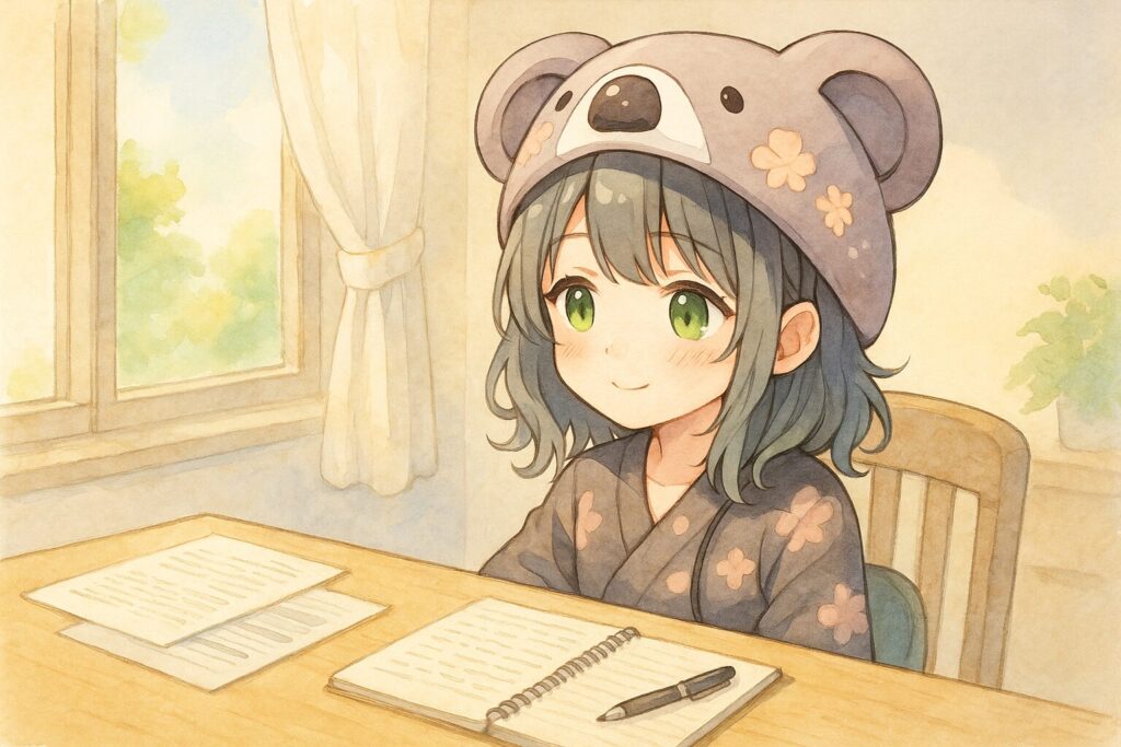 電話をかける前に、机の上でメモ帳とペン、関係書類をきちんと並べて準備している心愛。落ち着いていて、にこやかな表情。