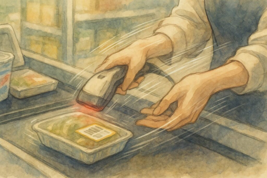 レジ従業員さんの手元を、客側から見た構図でクローズアップ。驚くほどのスピードで商品をスキャンしていく、プロフェッショナルな動き。