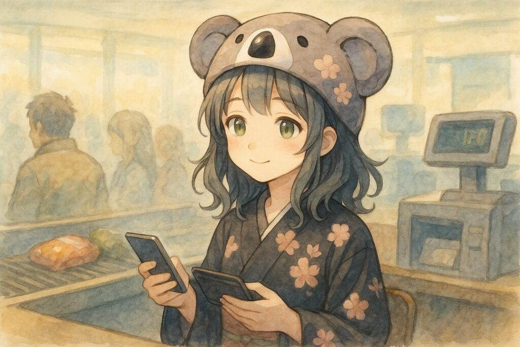 レジの列に並びながら、自分の番が来る前に、にこやかな表情で財布とスマホ(決済画面)を準備している心愛。