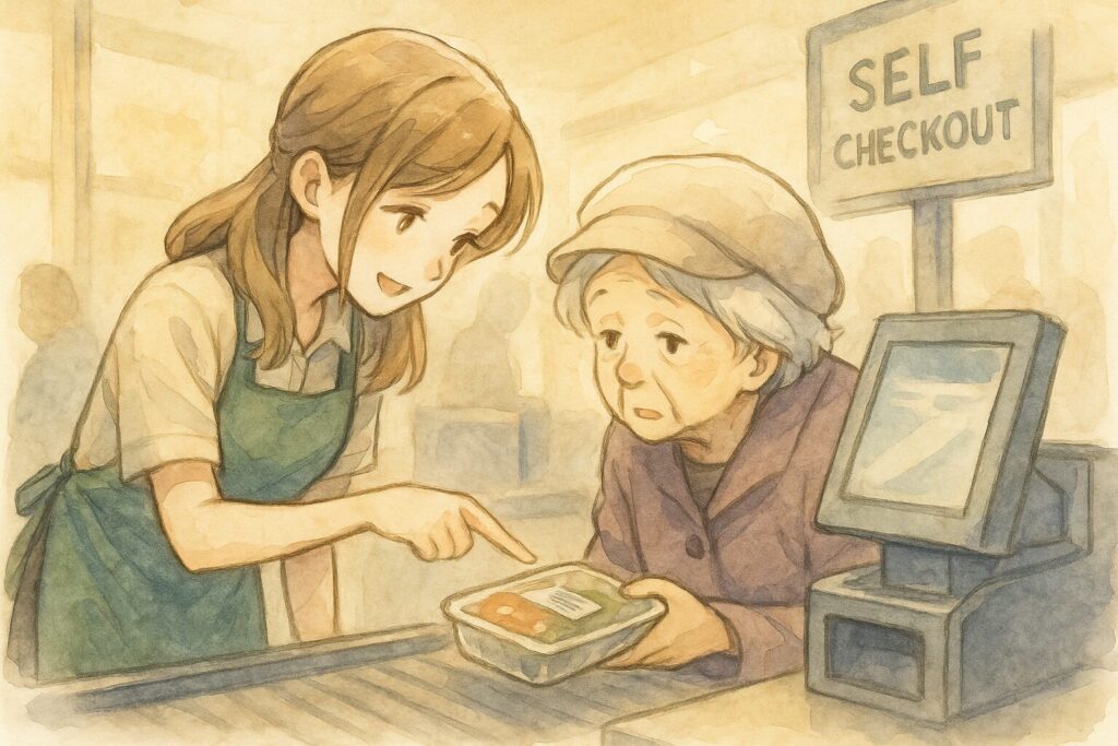 セルフレジで「あれ?」と困っているおばあちゃんに、笑顔の従業員さんが寄り添い、優しく操作を教えている心温まるシーン。