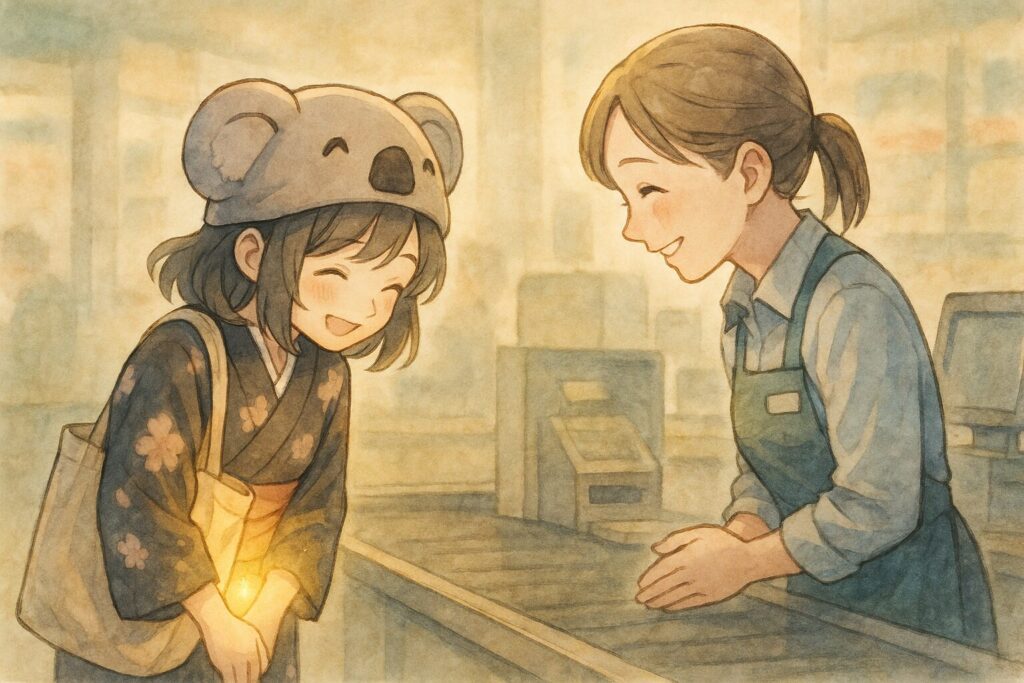会計を終え、「ありがとう」と笑顔でお辞儀をする心愛。レジの従業員さんも温かい笑顔で会釈を返している。心愛が持つエコバッグから、感謝の気持ちを表すように柔らかい光が溢れている。