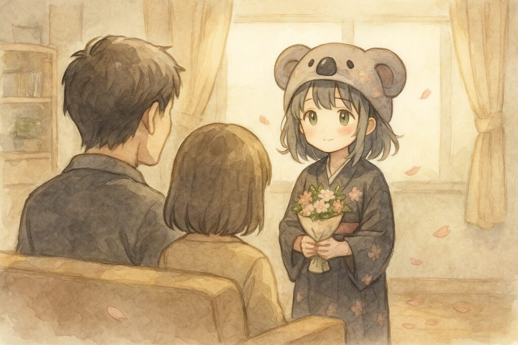 少し照れながら、両親らしき後ろ姿に小さな花束を渡す心愛。感謝の気持ちが伝わる温かい雰囲気。足元には桜の花びらがいくつか落ちている。