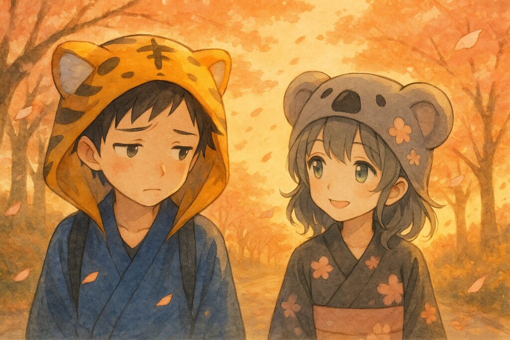 夕暮れの帰り道、並んで歩く大雅と心愛。少し不安げな大雅を、心愛が笑顔で励ましている。風に舞う桜の花びらが少し増えている。