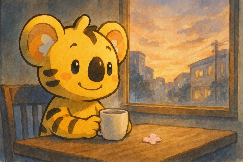 カフェの窓際で一人、夕暮れの街を眺めながら穏やかに微笑む秋色。手元のカップから湯気が立ち上り、テーブルに桜の花びらが一枚置かれている。