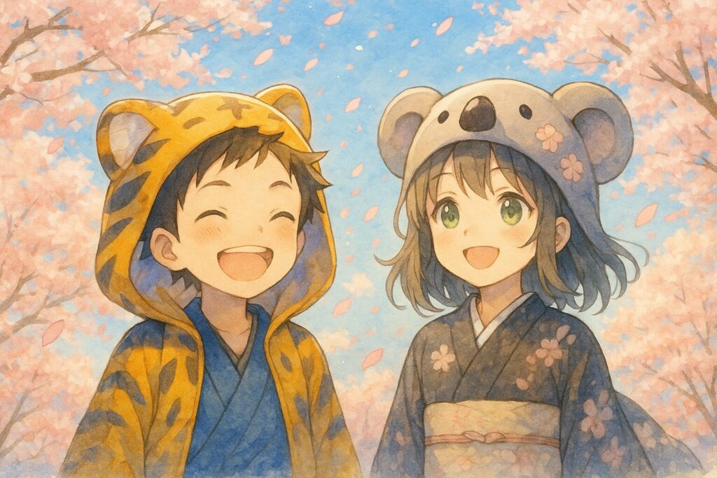 満開の桜並木の下、晴れやかな笑顔で未来を見つめる大雅と心愛。数えきれないほどの桜の花びらが二人を祝福するように舞っている。