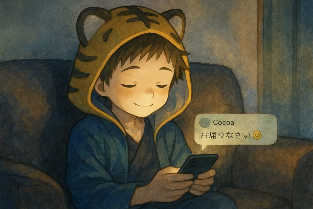大雅がソファに座り、スマホ画面を見つめて穏やかに微笑んでいる。画面には心愛からの「お仕事お疲れ様、おかえりなさい😊」というメッセージが表示されている。部屋は少し暗いが、スマホの光が大雅の顔を優しく照らしている。