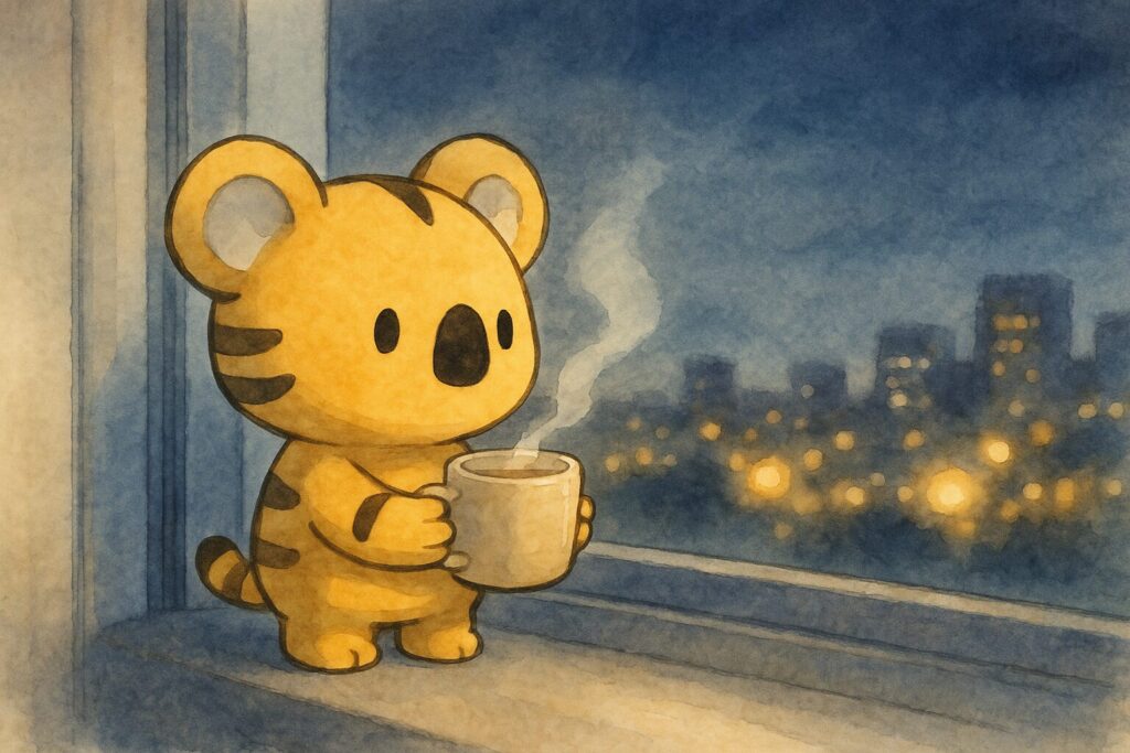 秋色一人、窓辺に立って、湯気の立つマグカップを両手で優しく持っている。窓の外の夜景を静かに眺める、穏やかで少し内省的な表情。