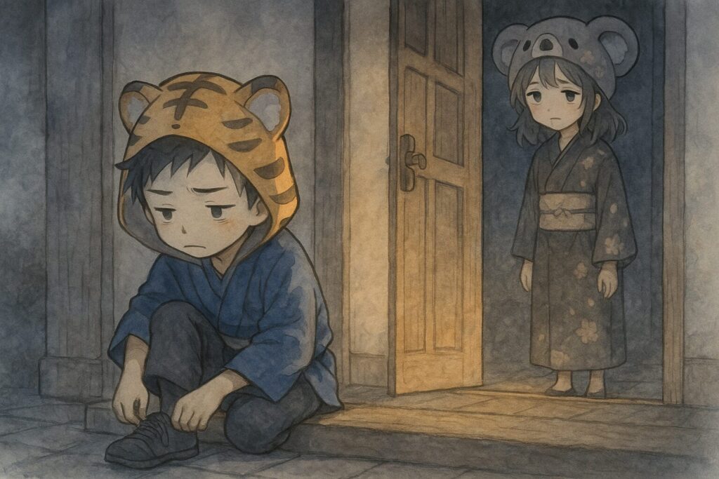 玄関で、疲れた無表情で靴を脱ぐ大雅。その向こうで、少し寂しそうに大雅を見つめる心愛。二人の間に少し距離感があり、部屋の照明も心なしか暗く見える。
