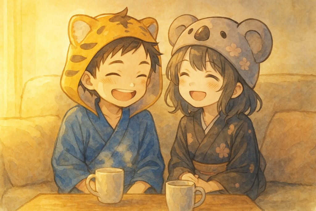 リビングの温かい照明の下、ソファで大雅と心愛が楽しそうに顔を見合わせて笑っている。テーブルには二つのマグカップ。これまでの「ドア」「光」といったモチーフが、この幸福な空間に繋がっていることを感じさせる、記事全体のゴールとなる一枚。