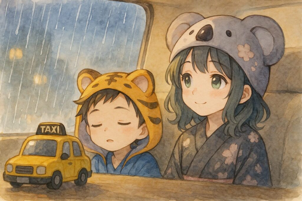 窓の外は雨が降っているが、暖かいタクシーの車内(模型の窓から覗いたようなアングル)。心愛ちゃんが窓の外の雨を眺め、少しホッとしたような表情。大雅くんは安心したようにうとうとしている。