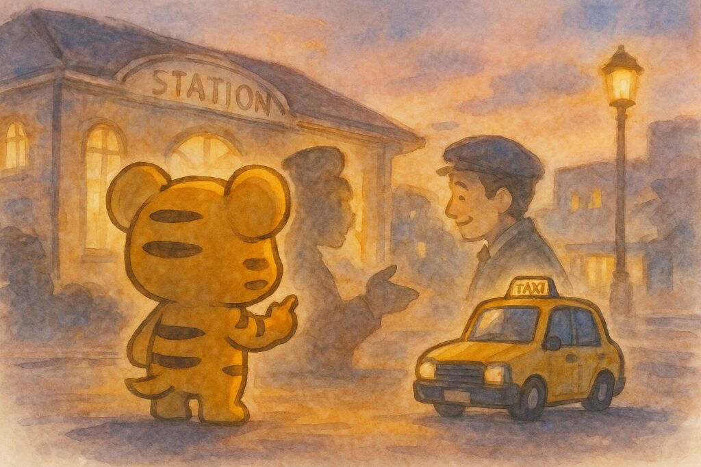 少し昔の旅先の駅前風の背景。秋色さん(後ろ姿やシルエットでOK)が、タクシーの運転手さん(顔はハッキリ見せず、温かい雰囲気で)と楽しそうに話している。その様子を、隅に置かれたタクシーの模型がそっと見守っているような構図。