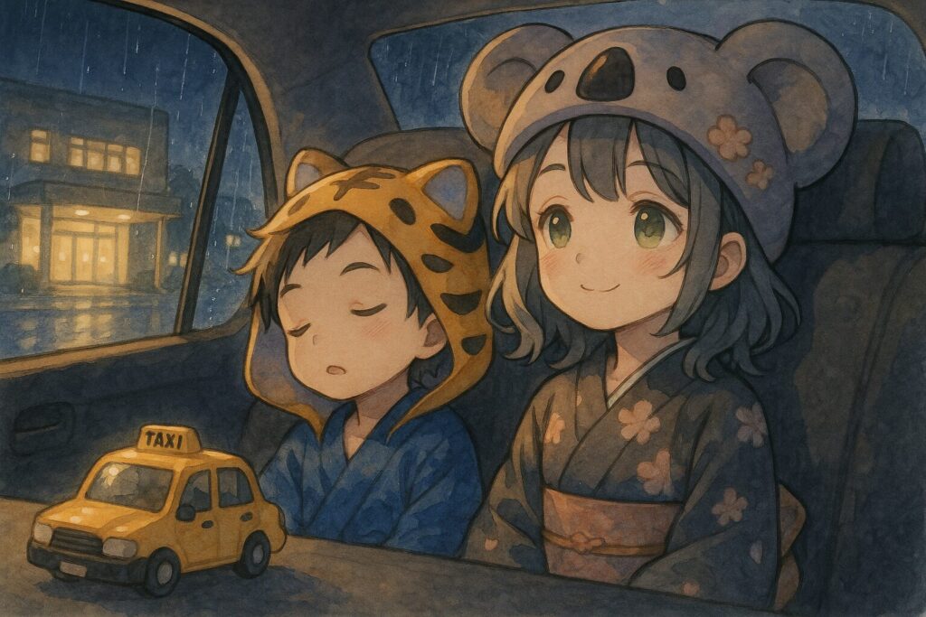 夜、病院の前に到着したタクシー。車窓から外を見る心愛ちゃんはホッとした表情で、大雅くんは心配そうに寄り添っている。