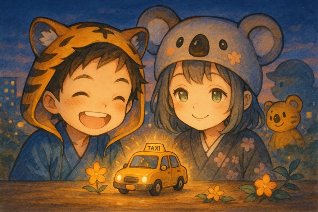 これまで登場したタクシーの模型が、キラキラと優しい光を放っている。その周りに笑顔の大雅くんと心愛ちゃん。少し離れたところから秋色さんが穏やかに二人と模型を見守っている。背景は温かい光に包まれた夜景で、模型のそばに小さな「感謝」の花が咲いたようなイメージ