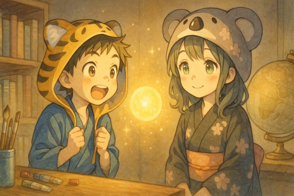 光の玉が少し近づき、その光が本や地球儀、絵の具などをキラキラと照らしている。それを見て「おー!」と目を輝かせる大雅と、にっこり微笑む心愛。