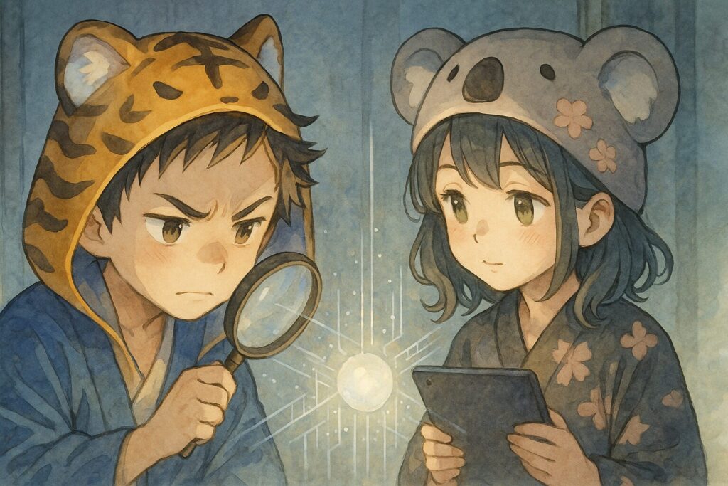 虫眼鏡を手に持ち、光の玉から伸びる情報を真剣な表情で覗き込む大雅。その横で、タブレットで何かを調べている心愛。