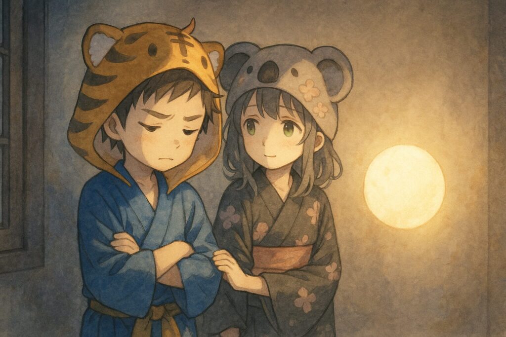 光の玉が少し影を落とし、その影の中で少し考え込む表情の大雅と、そっと大雅の肩に手を置く心愛。