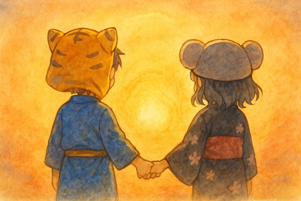 大雅と心愛が二人で手を取り合い、目の前の光の玉にまっすぐ向き合っている後ろ姿。光は以前より穏やかで温かい色合いになっている。