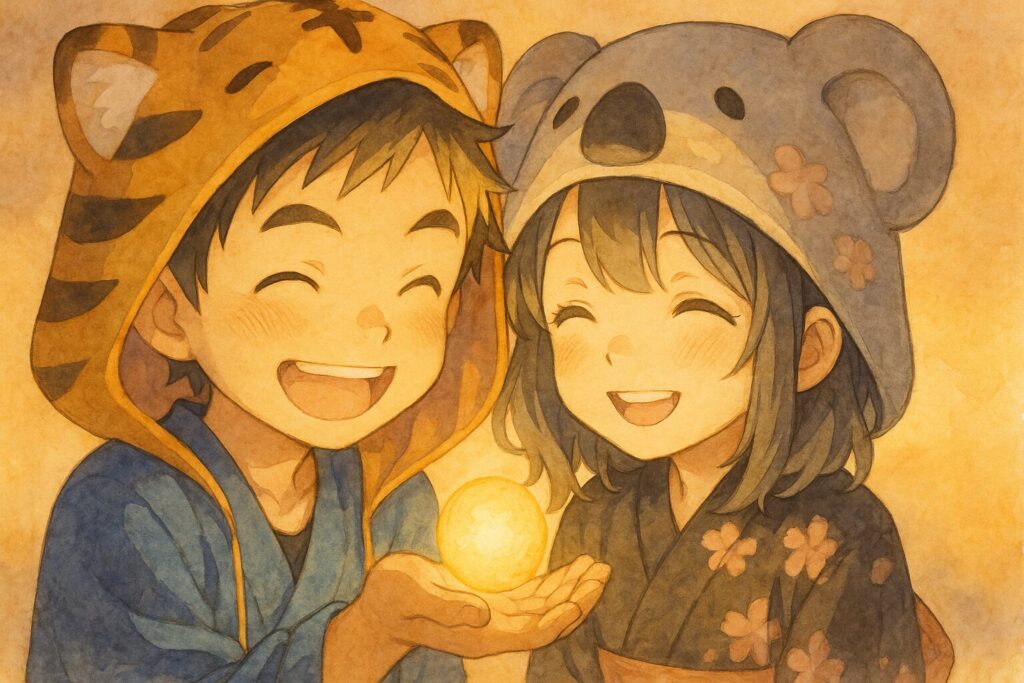 大雅が自分の手のひらの上に小さな光の玉を乗せ、それを心愛と一緒に笑顔で見つめている。光は二人を優しく照らしている。