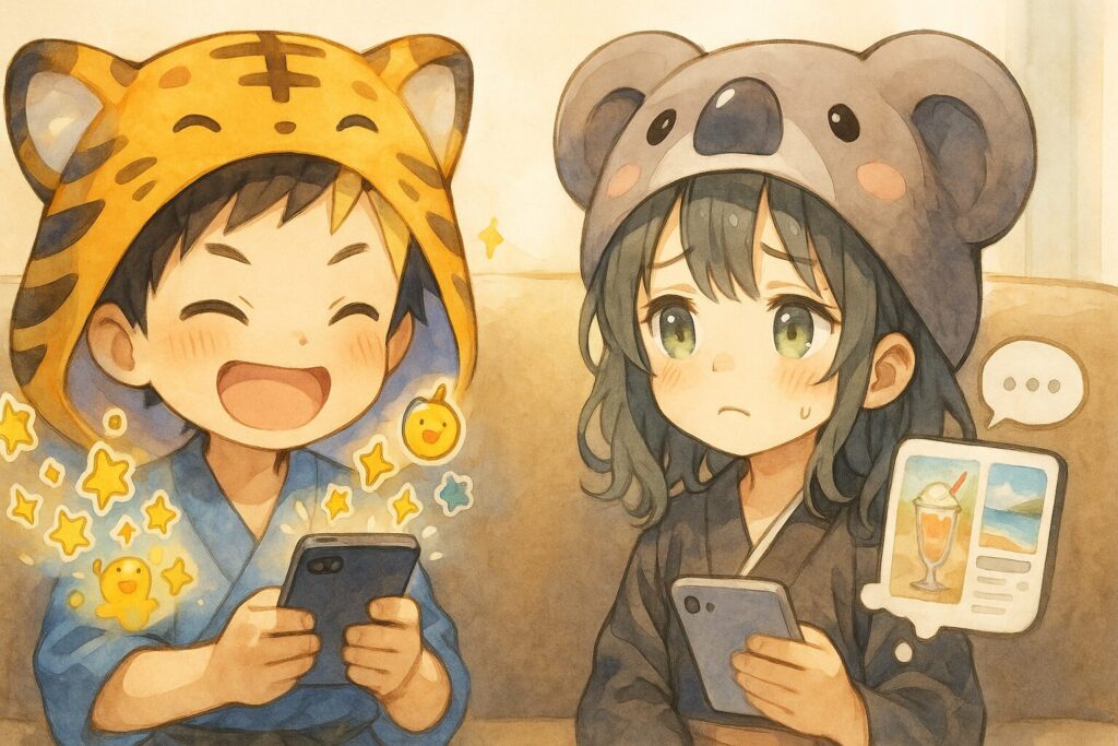 並んでスマホを見る大雅と心愛。大雅の画面からは楽しいゲームの吹き出しが、心愛の画面からはキラキラ投稿と、それを見て少し複雑な表情の彼女が描かれている。