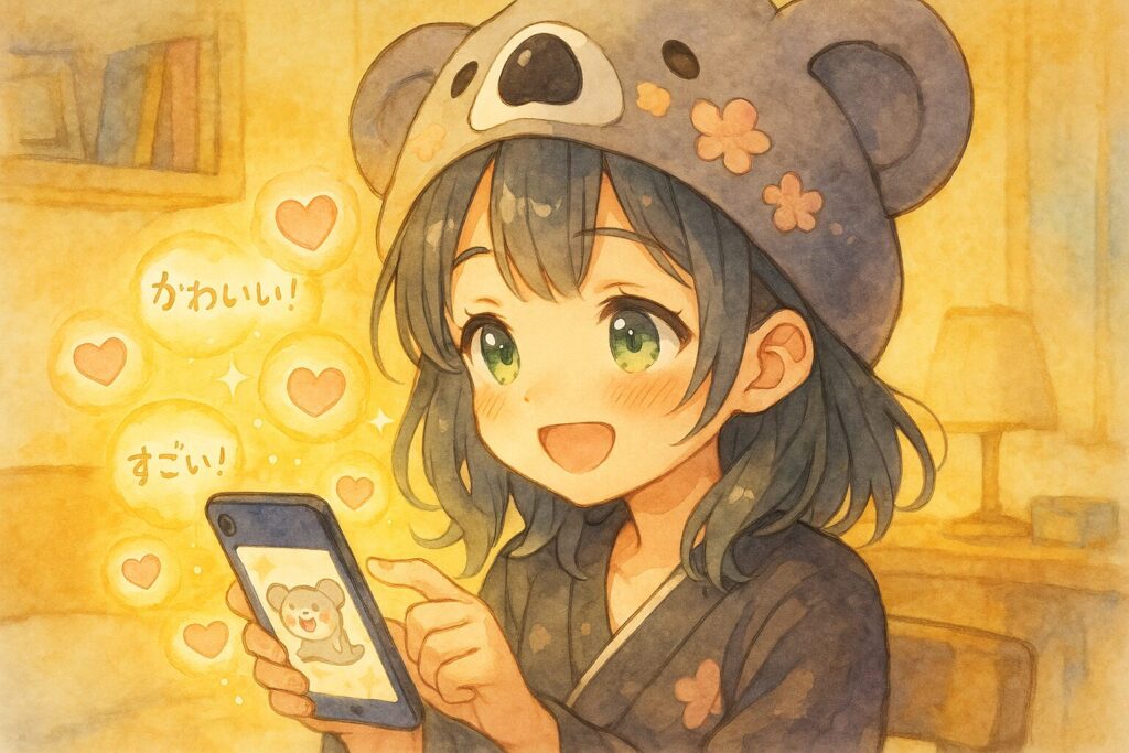 自分の描いた絵をSNSに投稿した心愛。スマホ画面にはたくさんの「いいね!」ハートが飛び交い、温かいコメントが。それを見て、心愛はとても嬉しそうな笑顔。