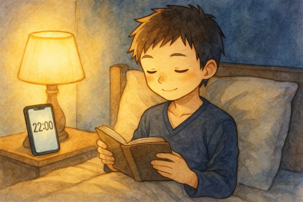 夜、ベッドの横の机にスマホを置き、代わりに本を読んでいる大雅。スマホにはタイマーが表示されている。「デジタルデトックス」で穏やかな時間を過ごす様子。