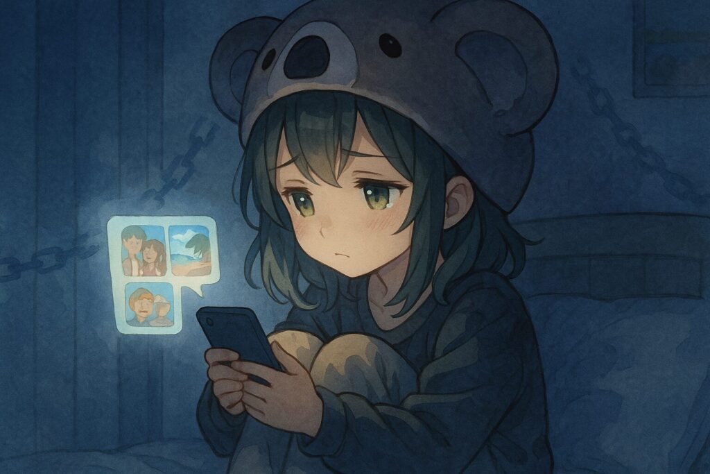 スマホに映るキラキラした投稿の光が、自分の部屋にいる心愛を青白く照らし、落ち込んだ影を作っている。スマホが心を縛る鎖のように見える演出。