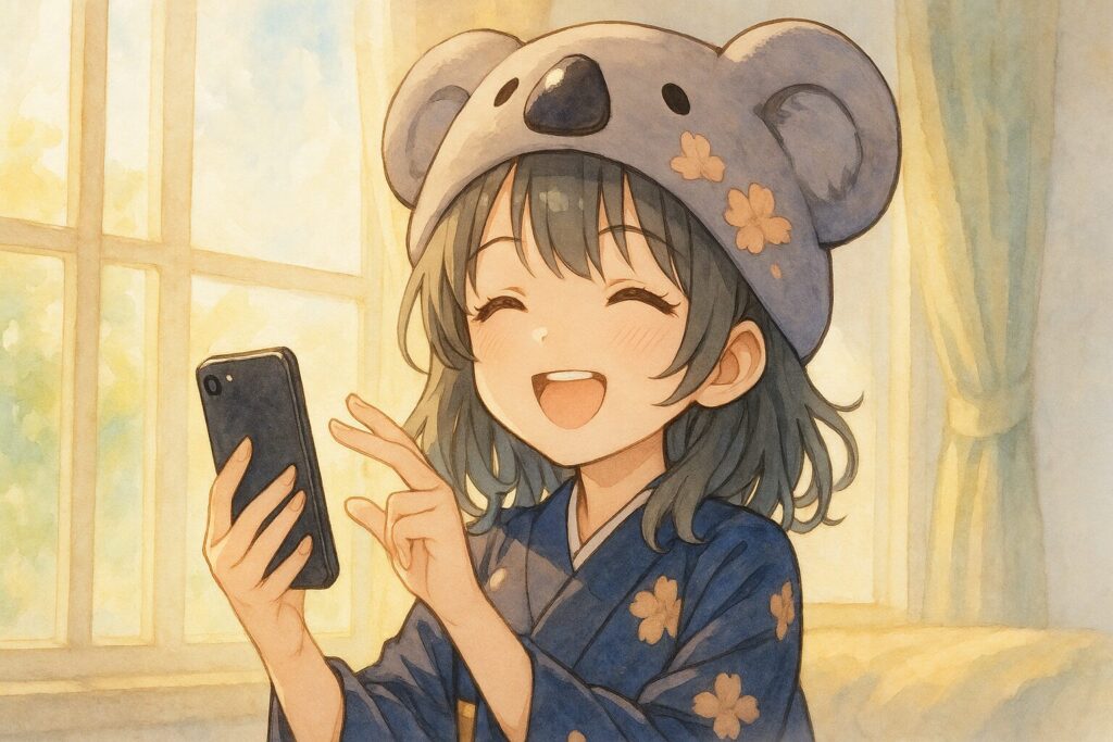 心愛が、スマホを片手に持ち、もう片方の手で「距離感」を測るように遠ざけたり近づけたりして、にっこり笑っている。スマホはもう心を縛るものではなく、自分でコントロールできる「道具」になっている。
