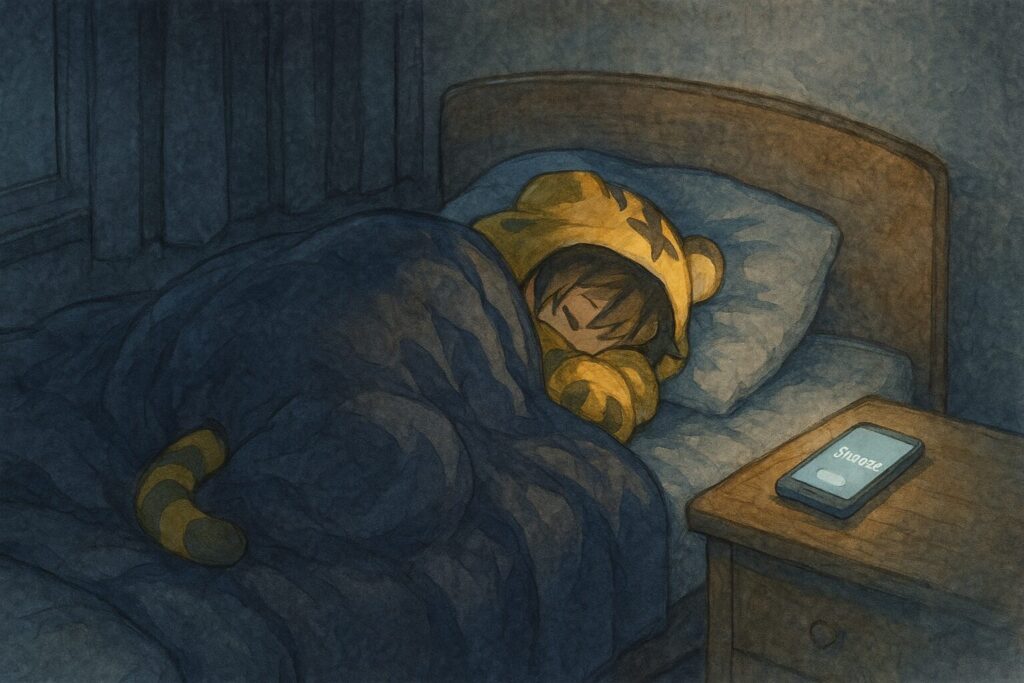 まだ薄暗い部屋のベッドで、布団を頭まですっぽりかぶっている大雅。枕元のスマホにはスヌーズ機能の表示。重たい朝の空気が伝わる。