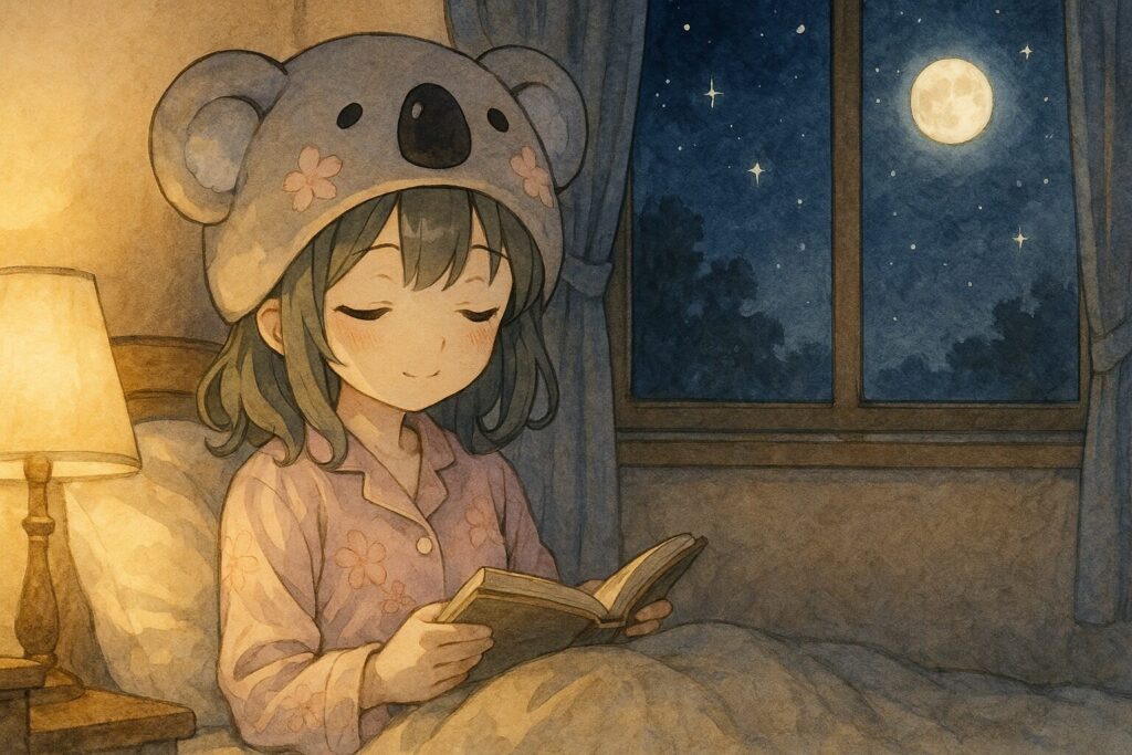 夜、心愛がベッドサイドでスマホではなく本を読んでいる。部屋は暖色系の間接照明でリラックスした雰囲気。窓の外には満月と星空が広がっている。