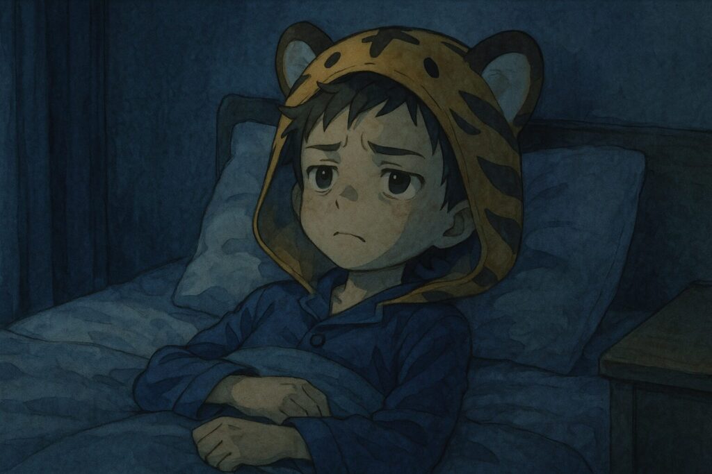 夜、ベッドの中で心配事で眠れず、天井をじっと見つめている大雅。閉ざされた窓が、彼の不安な気持ちを映し出しているよう。