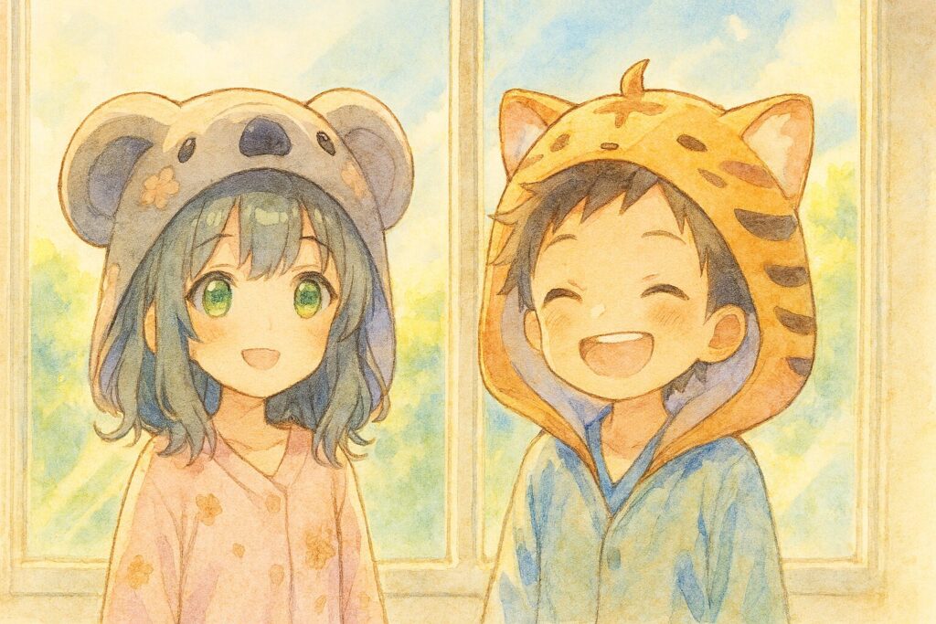 すっきりと目覚めた大雅と心愛が、大きな窓の前に立っている。窓には、外の景色だけでなく、これからの新しい一日を楽しむ二人の希望に満ちた笑顔も映り込んでいる。
