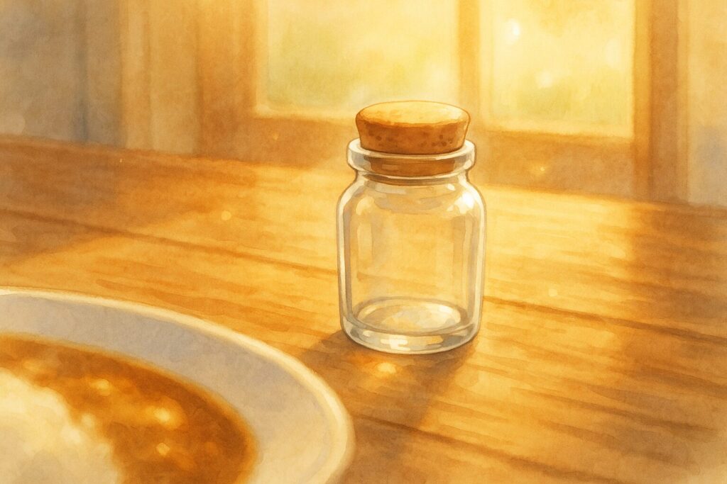 食卓に置かれた、まだ空っぽに近いシンプルなスパイスの小瓶が一つ。これから始まるカレーの物語を予感させる、ワクワクするような温かい光が差し込んでいる感じ。手前には少しぼかしたカレー皿の端が見える。