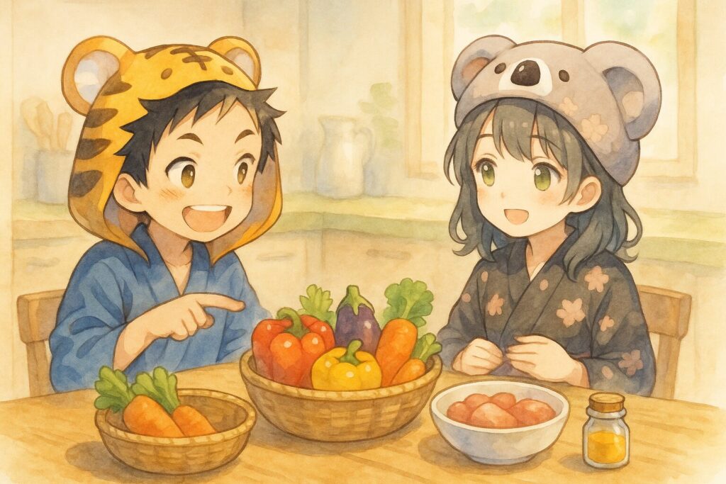 大雅くんと心愛ちゃんが、テーブルに並べられた色とりどりの野菜やお肉を指差しながら楽しそうに会話している。そのテーブルの隅には、少しだけ中身(例えばターメリックのような黄色いスパイス)が入った小瓶が置かれている。背景は明るいキッチン。