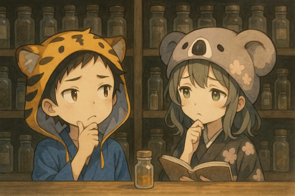たくさんの種類のスパイス瓶が並ぶ棚の前で、大雅くんが少し困ったような、でも興味深そうな表情でスパイスを見上げている。心愛ちゃんは隣でレシピ本かスマホを見ながら首をかしげている。画像案1の小瓶も棚に並んでいるが、まだ存在感は薄い。少し影のある、落ち着いた雰囲気。