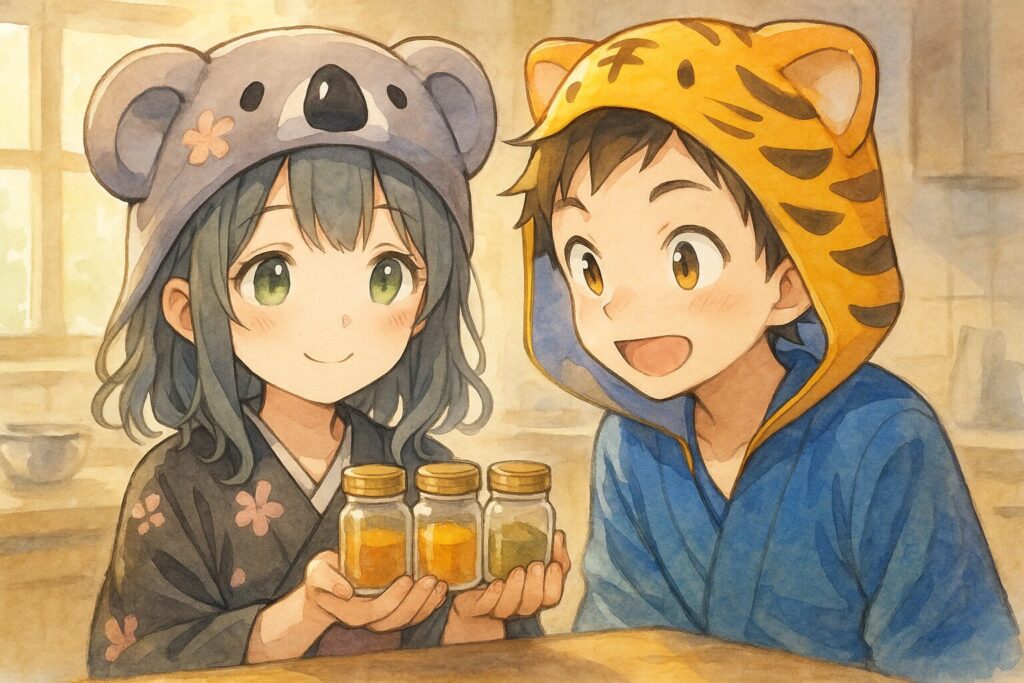 心愛ちゃんが、笑顔でクミン、コリアンダー、ターメリックなど数種類の基本的なスパイスが入った小瓶(画像案1の小瓶に仲間が増えたイメージ)を大切そうに手に持っている。大雅くんも横から覗き込み、ワクワクした表情。背景は明るく、挑戦する楽しさを感じさせる雰囲気。