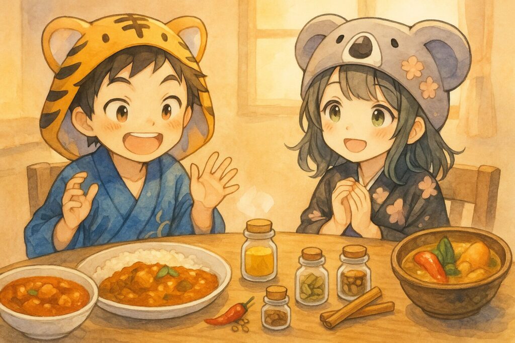 テーブルの上に、インドカレー、タイカレー、スープカレーなど、様々な種類のカレーが並んでいる。それぞれのカレーの横には、それに合いそうな異なるスパイスが入った小瓶がいくつか添えられている(画像案1や4の小瓶もその一つとして)。大雅くんと心愛ちゃんが目を輝かせてどのカレーを食べようか選んでいる。