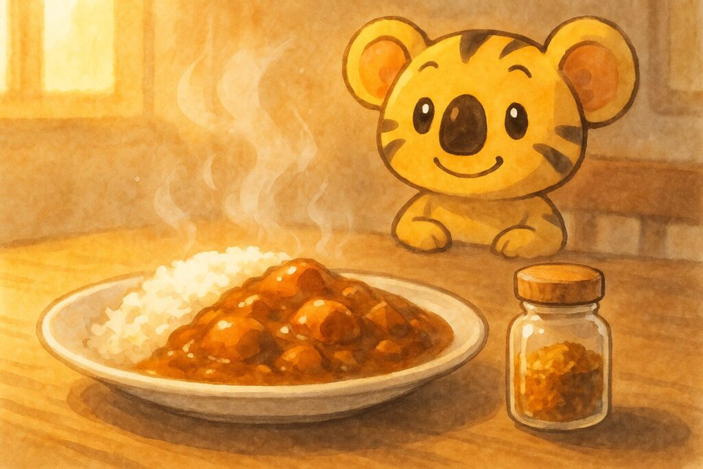 ほかほかの湯気が立つ美味しそうなカレーライス(日本の家庭風カレー)がメイン。その横には、様々なスパイスが程よくブレンドされて満たされた「あの小瓶」がそっと置かれている。カレー皿の向こう側で、秋色が優しい笑顔でこちらに微笑みかけている(読者に語りかけるように)。温かい光が全体を包み込み、幸せな食卓のイメージ。