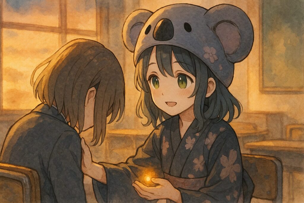 困っている友人の肩を、心愛が優しくポンと叩いている。心愛の手のひらから、ほんのりと温かい光が生まれている。