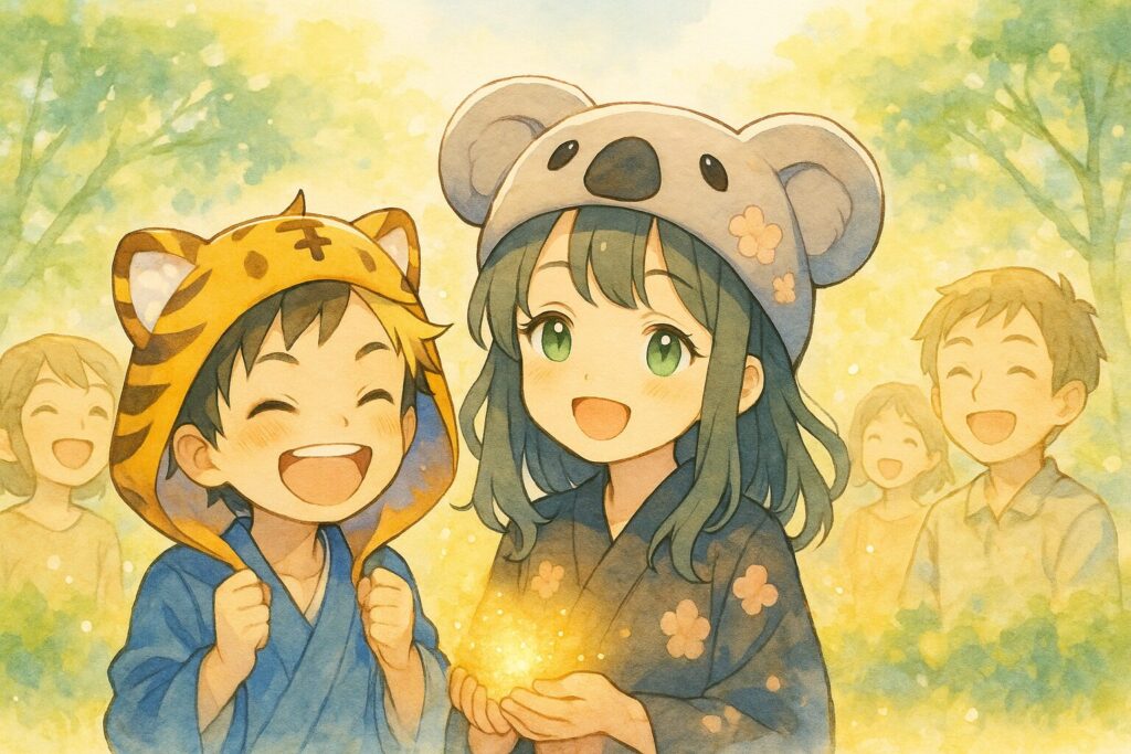 心愛を中心に、大雅や他の友人たちが集まって楽しそうに笑っている。心愛から生まれた温かい光が、みんなを優しく包み込み、その場の雰囲気を明るくしている。