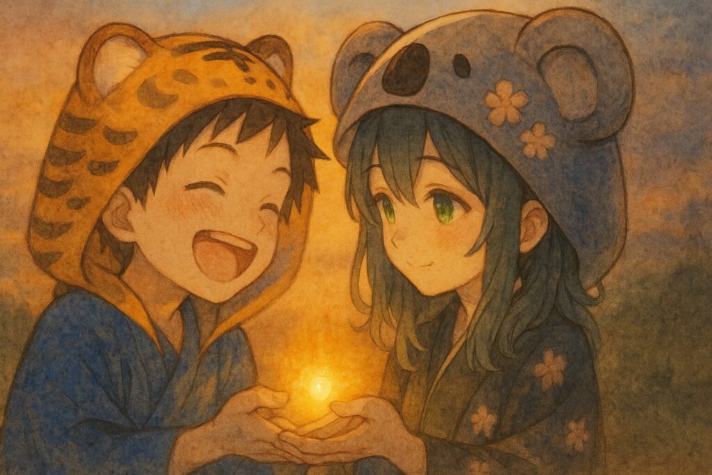 助けてもらった大雅が、心愛に「ありがとう！」と満面の笑みで伝えている。大雅の手からも小さな光が生まれ、心愛の光と触れ合って、より一層輝きを増している。
