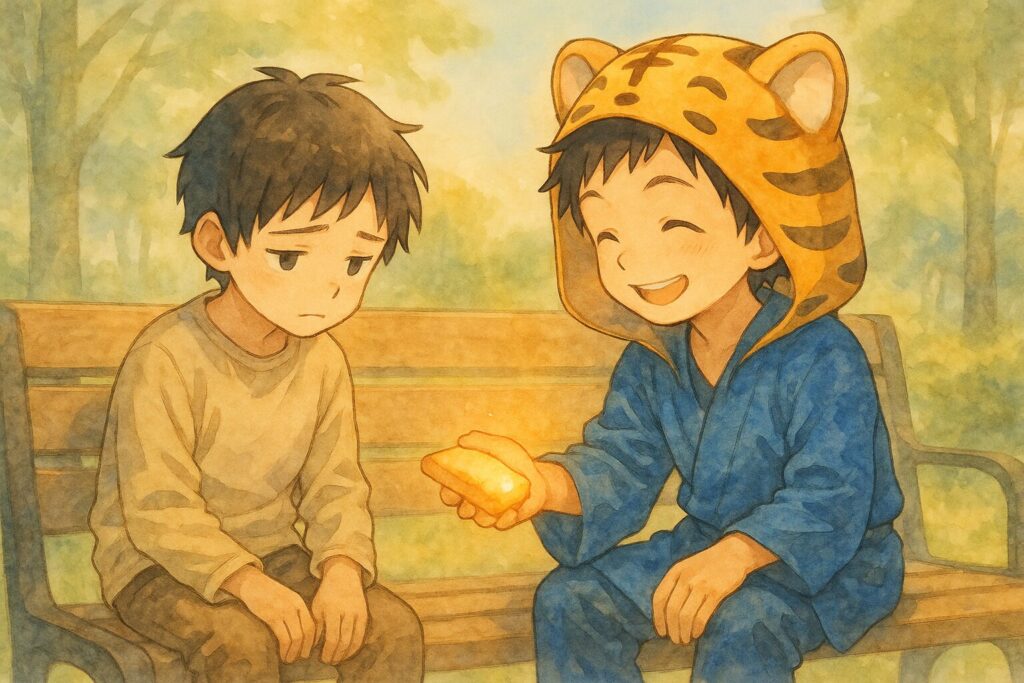 今度は大雅が、別の困っている子に、自分の持っていたお菓子を「半分こしよ！」と差し出している。彼の手からも、心愛から受け取ったような温かい光が出ている。