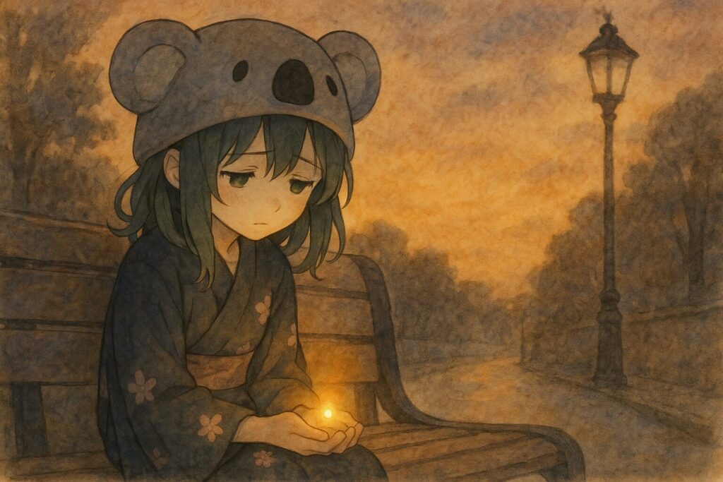一人になった心愛が、少し疲れた表情でベンチに座っている。自分の手のひらから出る光が、少し小さく、弱々しくなっている。