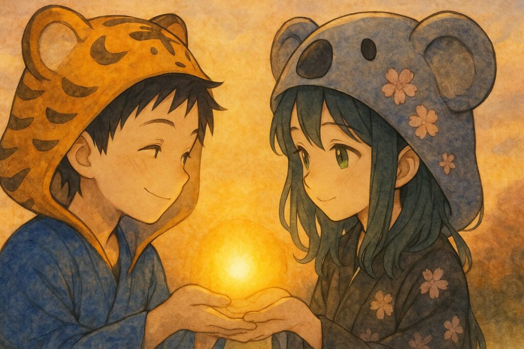 心愛と大雅が、お互いに手のひらを向かい合わせている。それぞれの光が合わさり、一つの大きくて安定した、温かい光の玉になっている。お互いを思いやる、バランスの取れた関係を象徴する。