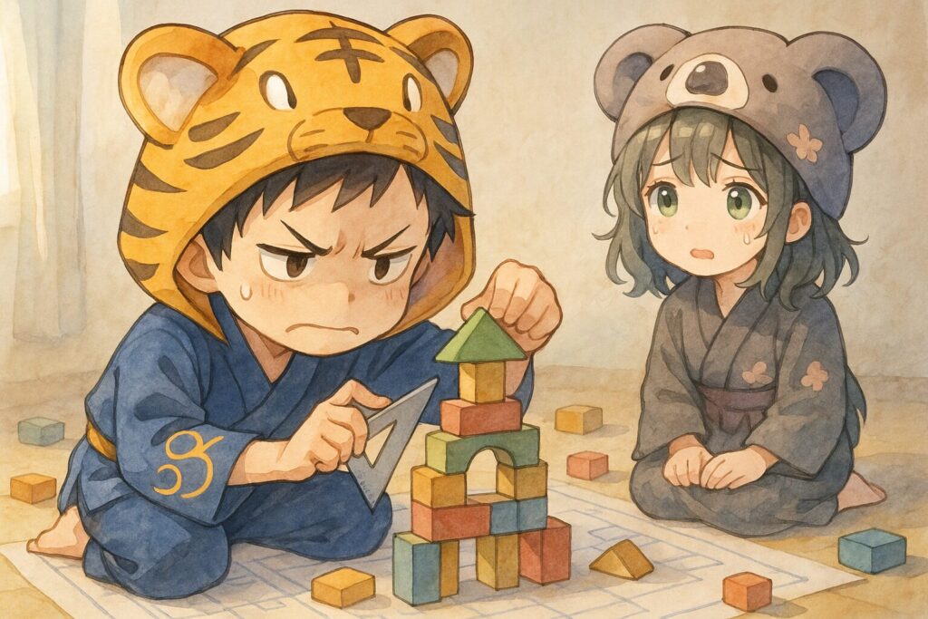 設計図を広げ、定規を当てながらものすごく精密に積み木を積む大雅。真剣な表情で、息も詰めていそう。少し離れた場所で心愛がハラハラしながら見守っている。