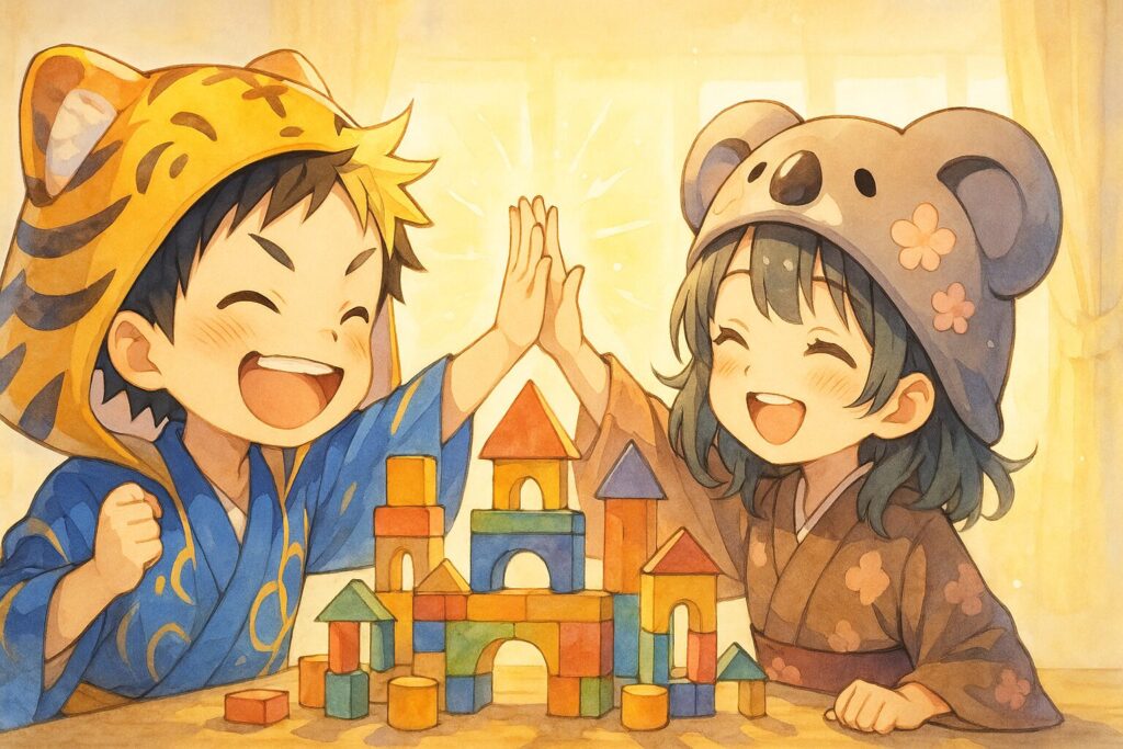 大雅と心愛が二人で協力し、一つの大きな積み木の作品を完成させている。完璧なタワーではないが、二人のアイデアが詰まったお城のよう。最高の笑顔でハイタッチしている。