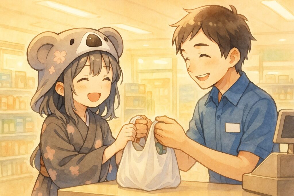 会計後、両手で商品を受け取る心愛が、店員さんの目を見て「ありがとうございます」とニッコリ。店員さんも温かい笑顔を返している、心温まる瞬間。